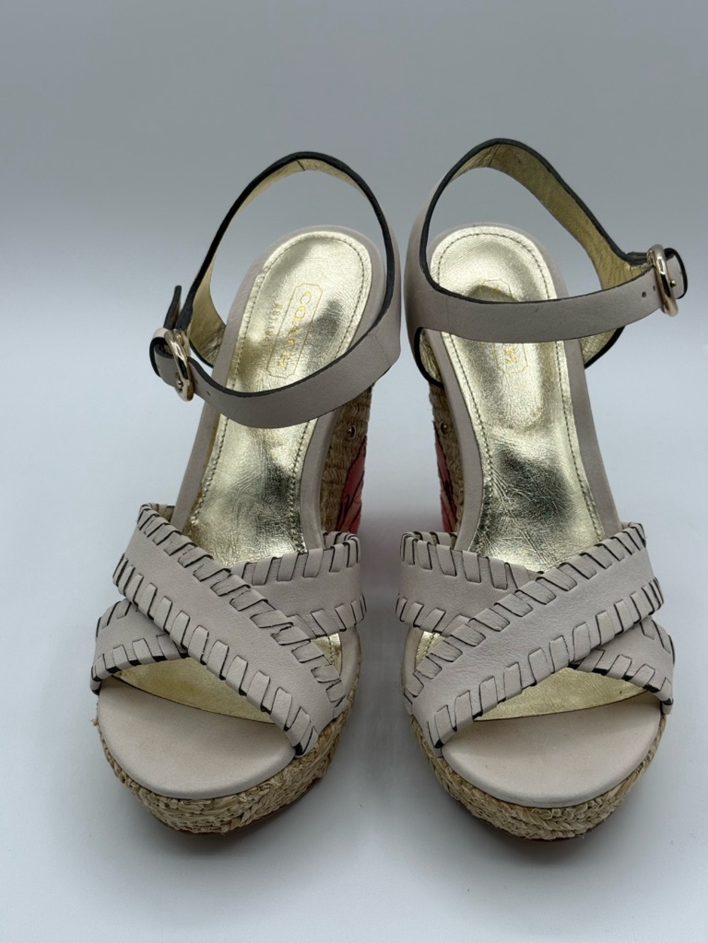 Coach Justeen Wedge Sandals Beige Leather Floral Platform Espadrille Heels - Picture 5 of 17